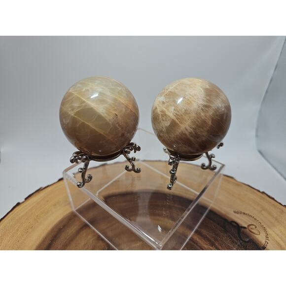 Peach Moonstone Spheres 1 Pair 55mm Each W/Stands - Picture 3 of 11